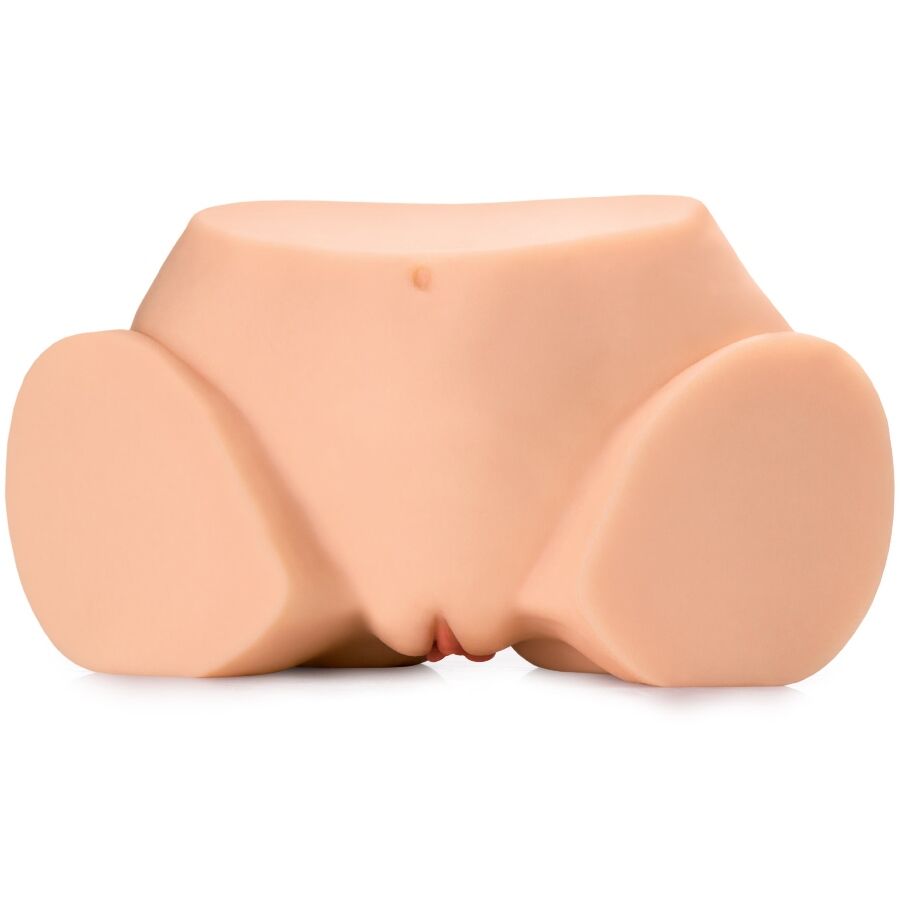 Masturbateur realiste buste vu de dos, anus moule teinte chair entre des fesses galbees, modele multi-positions souple en TPE a poser dans plusieurs positions.