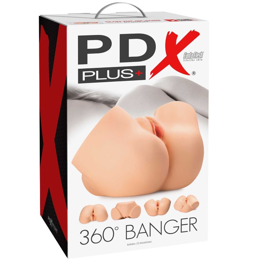 Boite PDX Plus 360 Banger du masturbateur realiste multi-positions, packaging exposant le visuel realiste des fesses et orifices et les multiples positions de jeu.