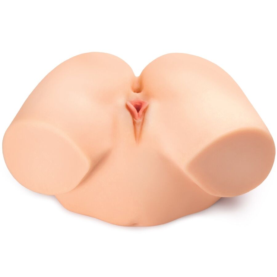Masturbateur realiste buste vu de trois quarts arriere, vulve moulee teinte chair et fesses pleines, modele multi-positions en TPE pour des sensations enveloppantes.