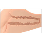 Coupe interne du masturbateur realiste multi-positions montrant les deux tunnels textures et l'orifice moule teinte chair, illustration des canaux vagin et anus.