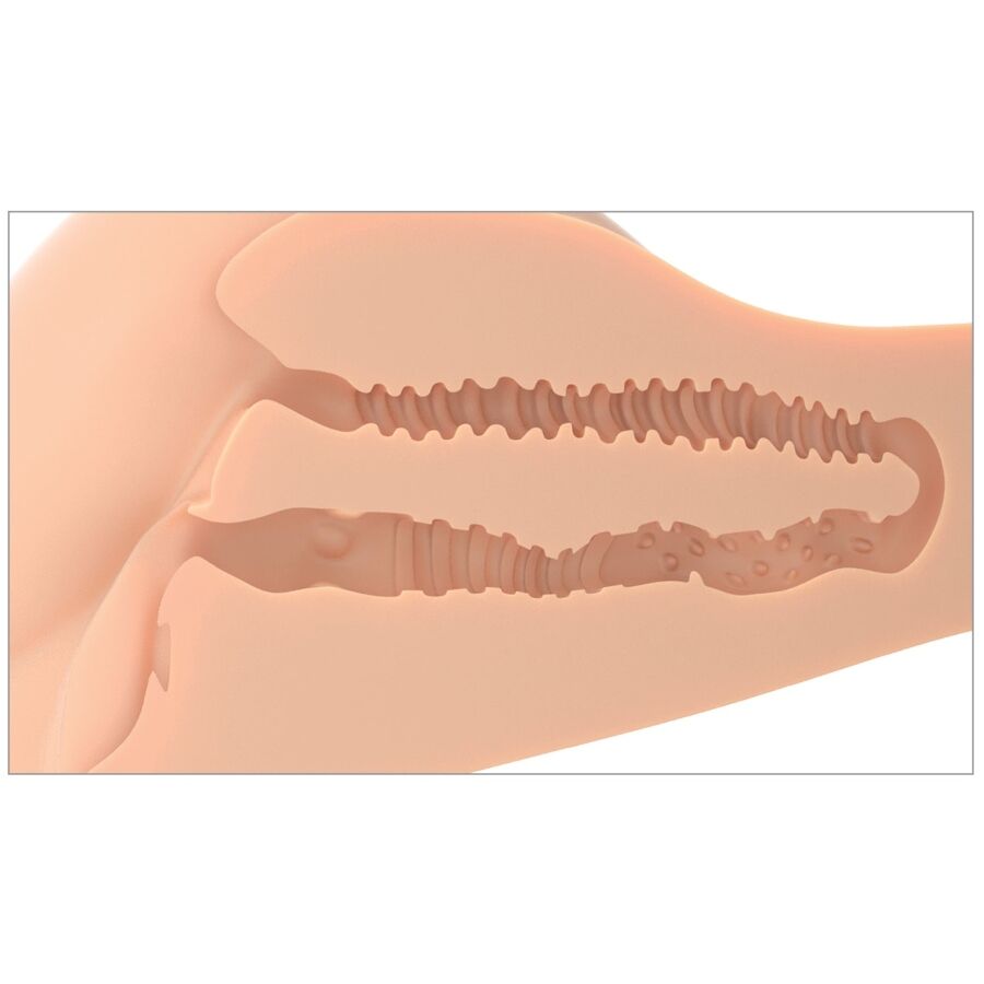 Coupe interne du masturbateur realiste multi-positions montrant les deux tunnels textures et l'orifice moule teinte chair, illustration des canaux vagin et anus.