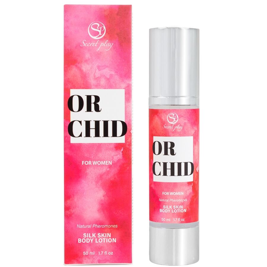 Lotion corporelle soyeuse Orchid For Women Silk Skin, boite rose vif et flacon airless argente, soin parfume aux pheromones Secret Play hydratant et soyeux.