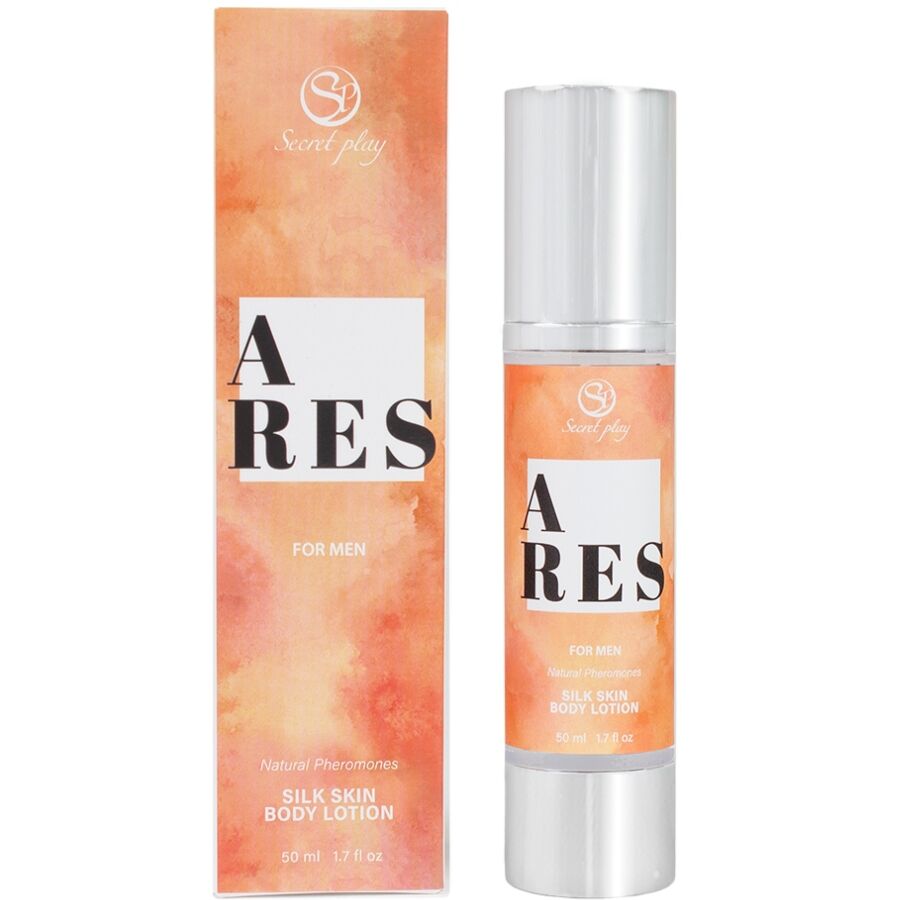Lotion corporelle soyeuse Ares For Men Silk Skin, boite orange et flacon airless argente, soin parfume aux pheromones Secret Play hydratant et soyeux pour homme.