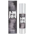 Lotion corps Apolo Silk Skin pour homme aux pheromones 50 ml de Secret Play, flacon airless et boite grise fumee, lotion hydratante soyeuse, vue produit et packaging.