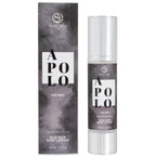 Lotion corps Apolo Silk Skin pour homme aux pheromones 50 ml de Secret Play, flacon airless et boite grise fumee, lotion hydratante soyeuse, vue produit et packaging.