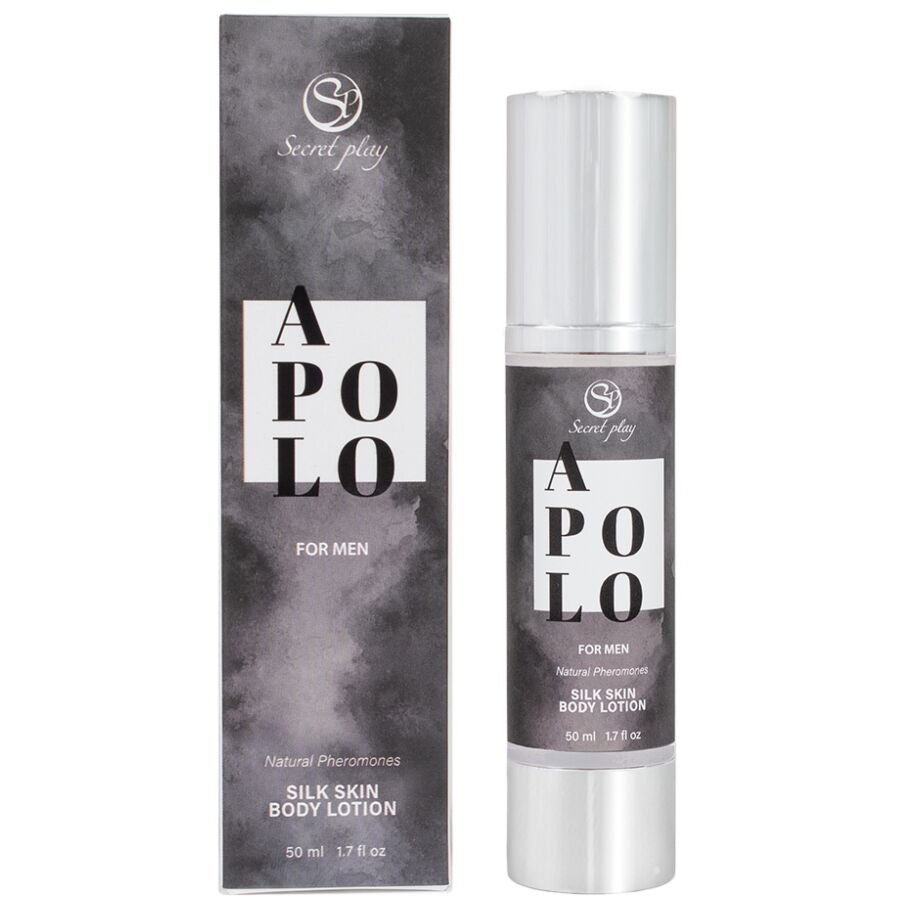 Lotion corps Apolo Silk Skin pour homme aux pheromones 50 ml de Secret Play, flacon airless et boite grise fumee, lotion hydratante soyeuse, vue produit et packaging.