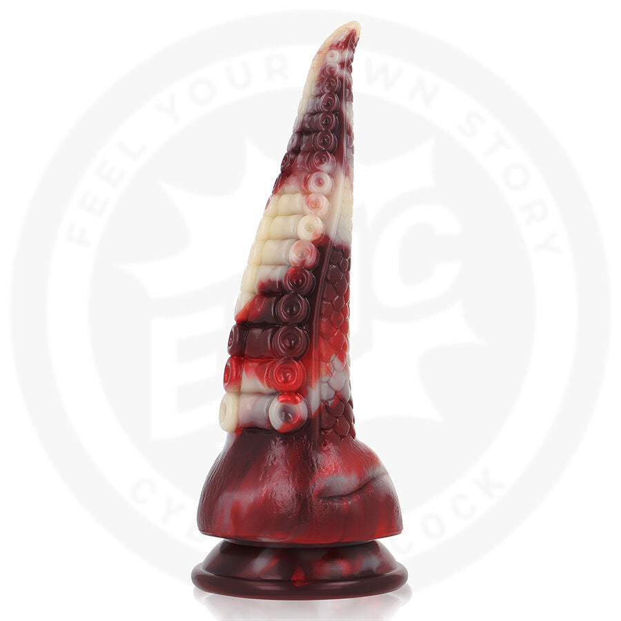 Gode fantaisie en silicone rouge sang, blanc et noir en forme de corne torsadee sur base evasee, vue de profil d un modele monstre au relief annele.