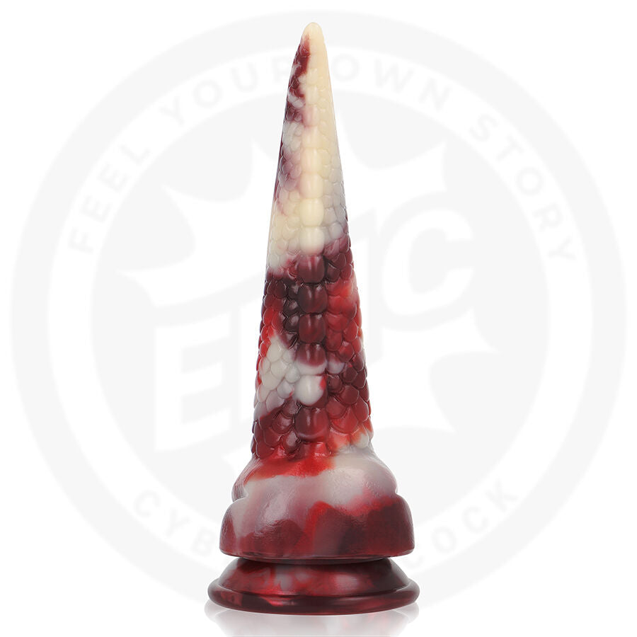 Gode fantaisie corne rouge, blanc et noir vu de profil, pointe effilee et anneaux empiles sur base evasee, silicone souple au modele organique marque.