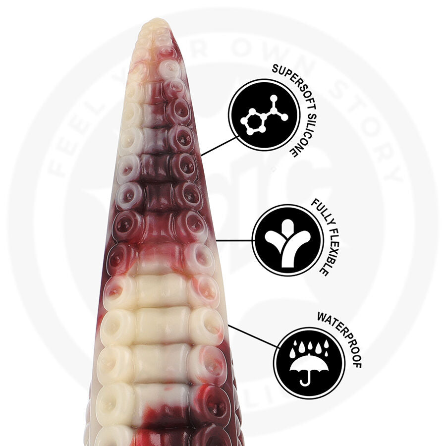 Gros plan sur le corps annele rouge et blanc de la corne, pictogrammes silicone supersoft, fully flexible et waterproof, relief organique bien visible.