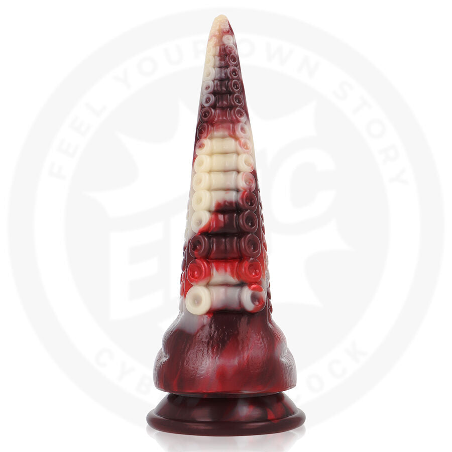 Vue de profil du gode corne rouge et blanc, relief annele dense vers la base evasee, silicone flexible doux au toucher pour une exploration originale.