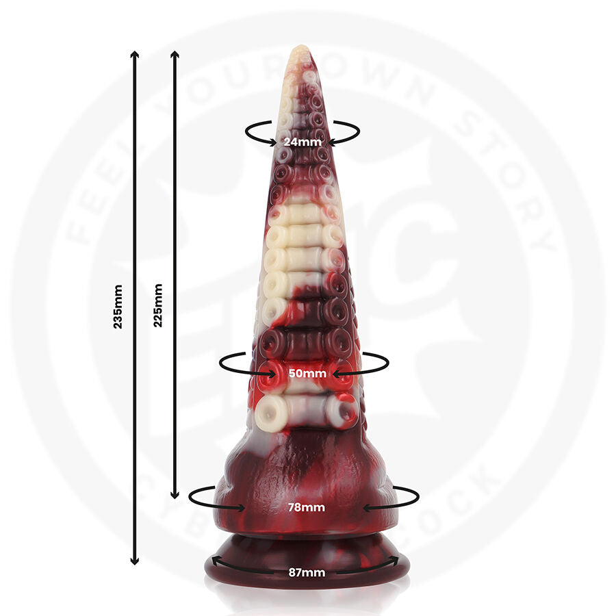 Schema dimensionne du gode corne rouge et blanc, hauteur 235 mm, diametres 44 et 60 mm, base 78 et 87 mm, silicone souple a anneaux textures.