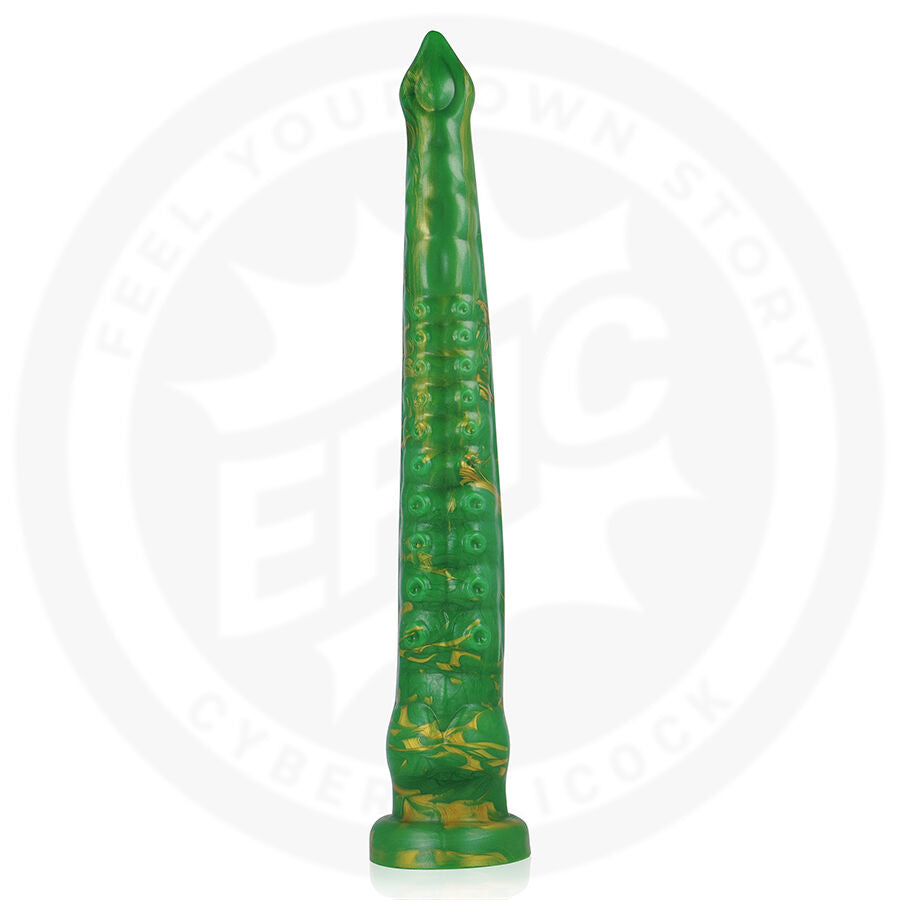 Gode fantaisie Hylos en silicone vert vu de face, long profil effile facon reptile aux reliefs marques et marbrures dorees sur petite base, design fantasy non realiste.