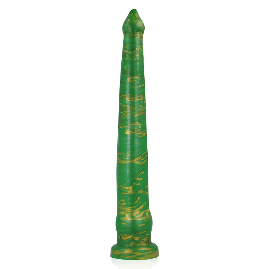 Gode fantaisie Hylos en silicone vert et dore vu de face, profil effile et tige lisse sur petite base ventouse, un design fantasy elance non anatomique.