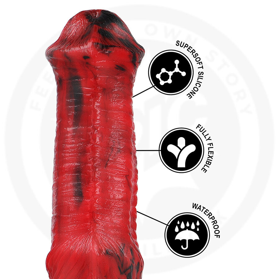 Gros plan sur le fut nervure rouge et noir, pictogrammes silicone supersoft, fully flexible et waterproof, marbrure et gland anatomique bien detailles.