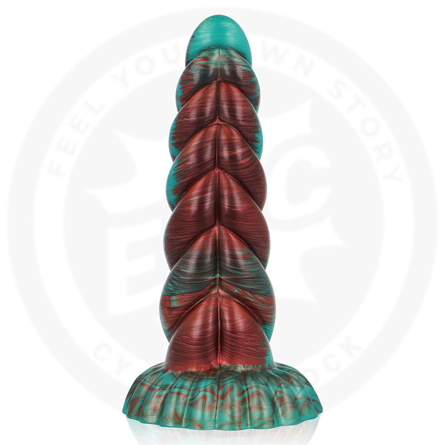 Gode fantaisie en silicone torsade vu de face, etages en spirale serres turquoise et bordeaux sur large base ventouse, un design fantasy souple non anatomique.
