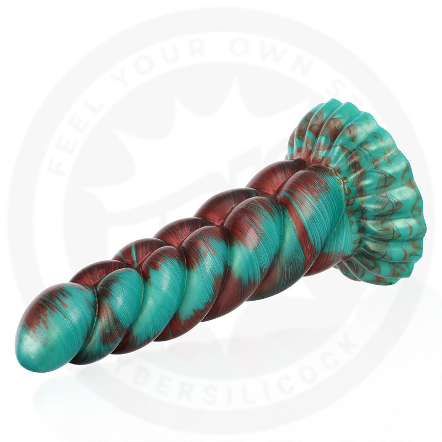 Gode fantaisie en silicone facon vis torsadee pose a plat, etages en spirale turquoise et bordeaux sur base ventouse, un objet fantasy non anatomique.