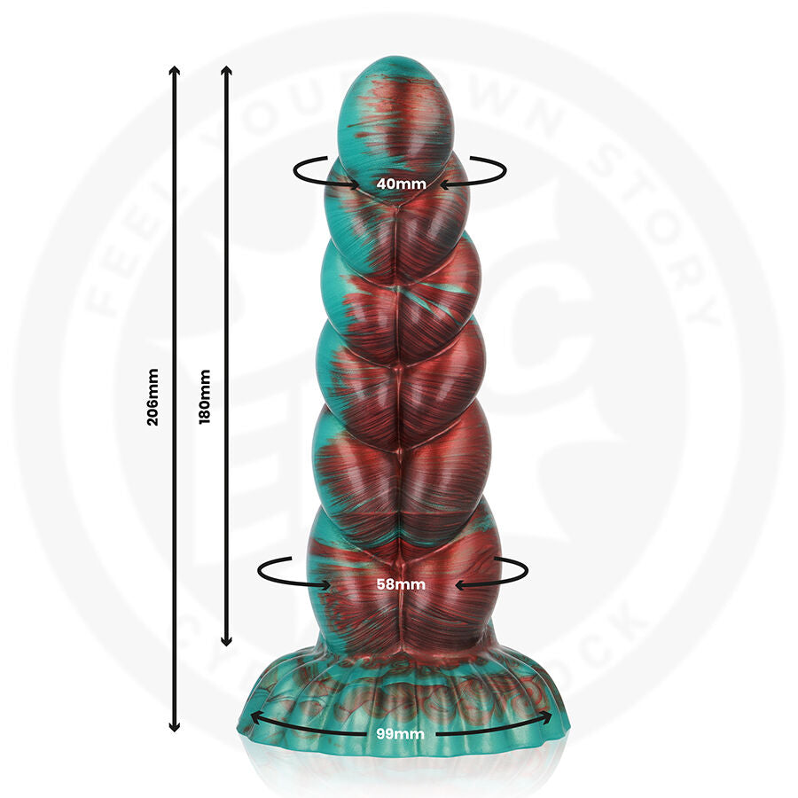 Schema technique du gode fantaisie en silicone torsade, diametres de 40 a 65 mm et hauteur 245 mm, base ventouse, etages en spirale turquoise et bordeaux.