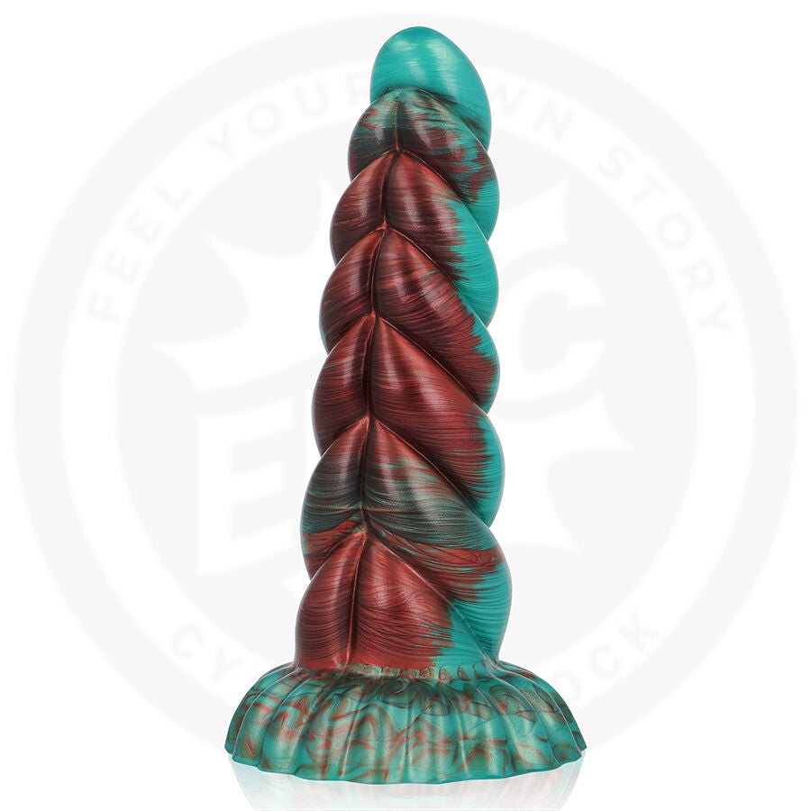 Gode fantaisie en silicone facon vis torsadee vu de face, etages en spirale fins aux teintes turquoise et bordeaux sur base ventouse, design fantasy non realiste.