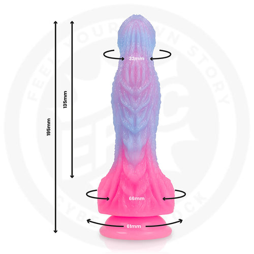 Schema cote du gode fantaisie bleu et rose, hauteur 199 mm, diametre 32 mm au gland et 66 mm median, base ventouse 69 mm pour un maintien stable.