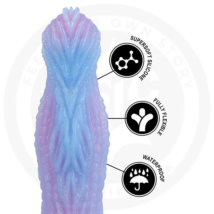Gros plan sur la tige plumeuse bleu et rose, pictogrammes silicone supersoft, fully flexible et waterproof, texture nervuree enveloppante bien visible.