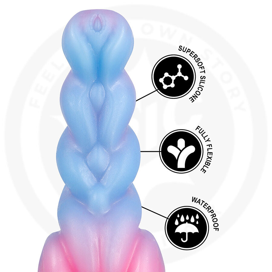 Gros plan sur le fut torsade bleu et rose, pictogrammes silicone supersoft, fully flexible et waterproof, texture spiralee enveloppante bien detaillee.