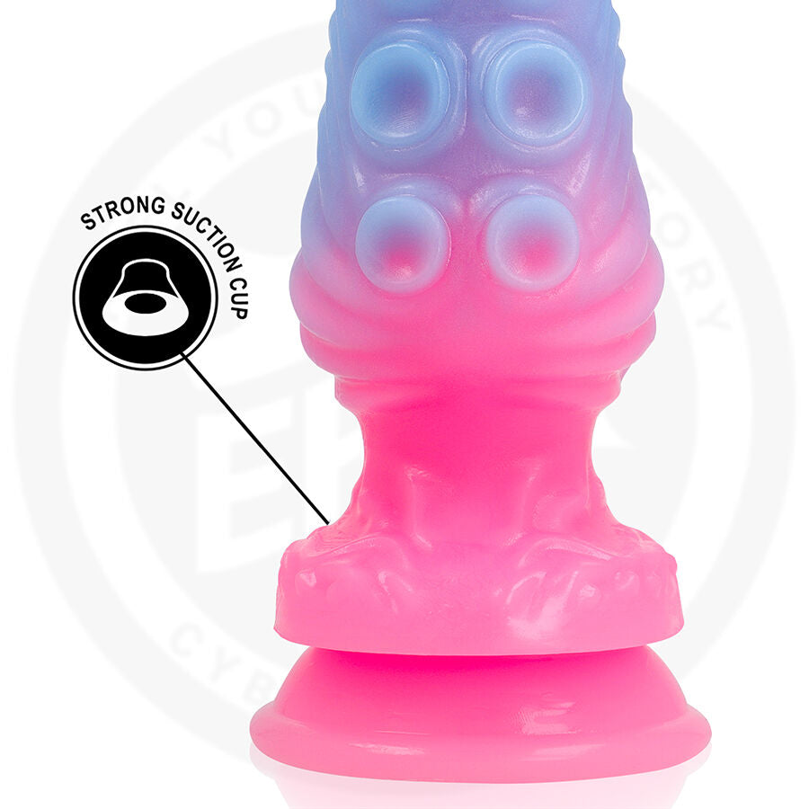 Gros plan de la base du gode fantaisie Hydrala en silicone, relief de ventouses rose sur large base ventouse, picto strong suction cup, design fantasy non realiste.