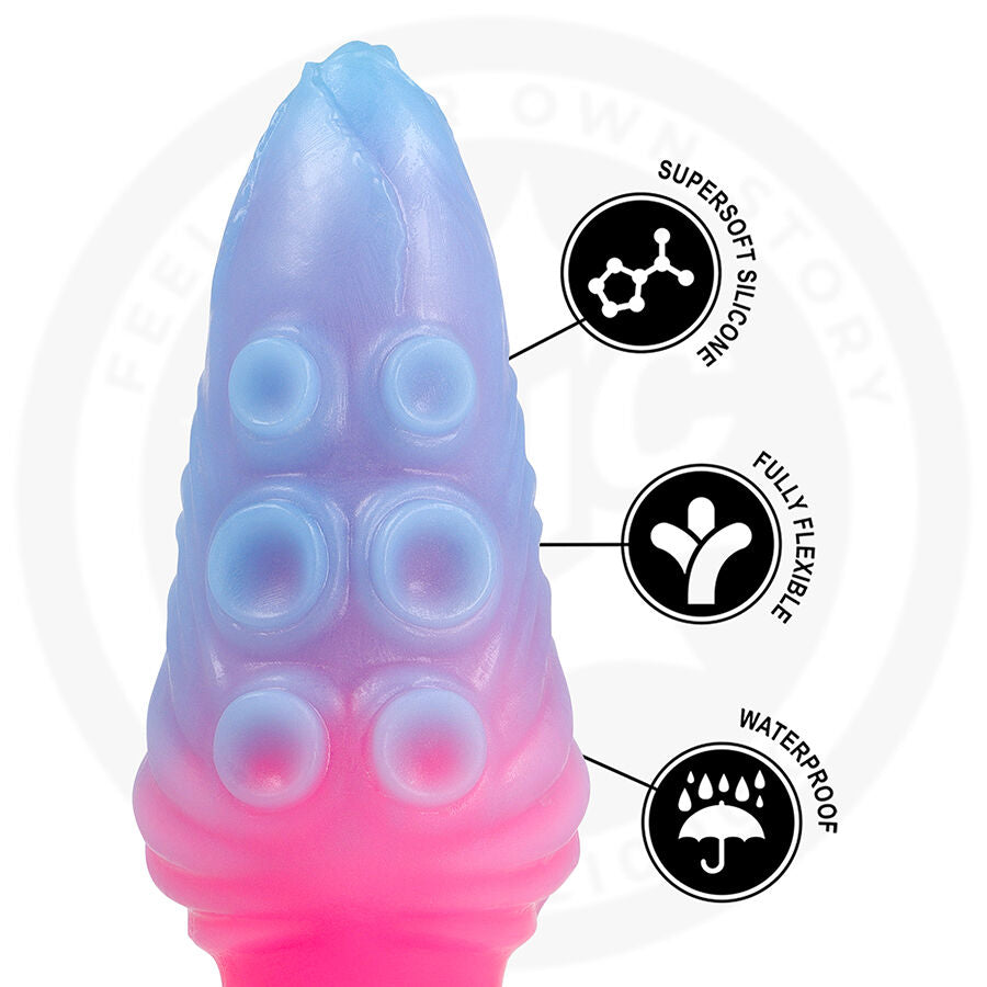 Gros plan du gode fantaisie Hydrala en silicone, relief de ventouses facon tentacule bleu et rose, avec pictos supersoft, flexible et waterproof.