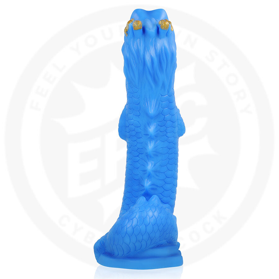 Gode fantaisie Naga en silicone bleu vu de face, tete dragon sculptee et fut ecaille, un design fantasy figuratif inspire des creatures de la mythologie.