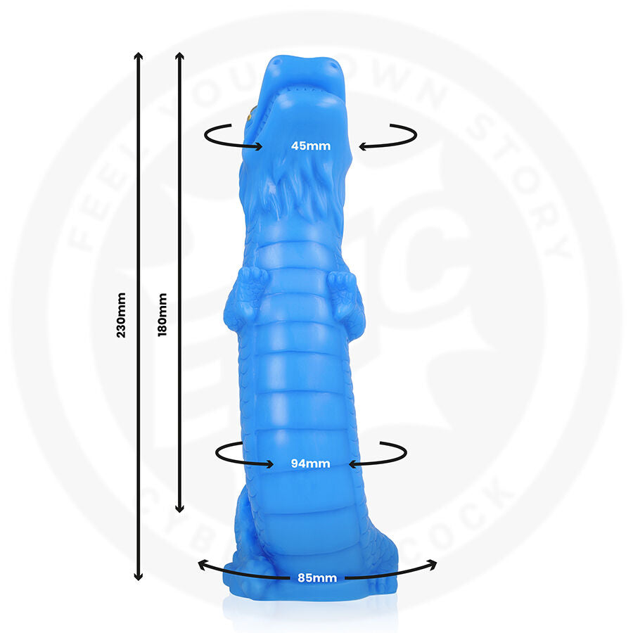 Schema technique du gode fantaisie Naga en silicone bleu, diametres de 45 a 85 mm et hauteur 230 mm, base ventouse, fut ecaille facon dragon.