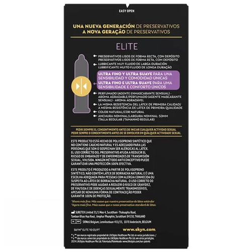 Dos de la boite SKYN Elite x10 detaillant en espagnol le polyisoprene sans latex ultra-fin, avec petit schema du preservatif et mentions de lubrification