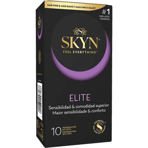 Boite SKYN Elite de face, preservatifs sans latex ultra-fins en polyisoprene x10, liseré violet, sensibilite et confort superieurs pour une sensation peau a peau