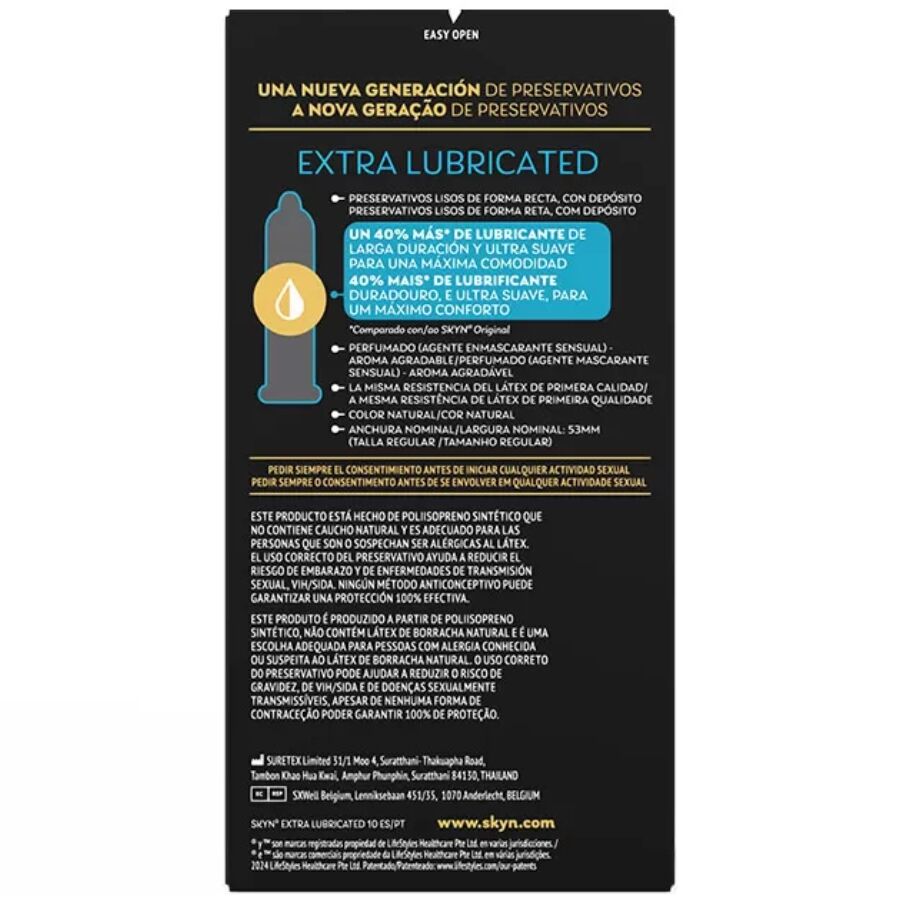 Dos de la boite SKYN Extra Lubricated x10 avec descriptif espagnol de la lubrification renforcee et petit schema du preservatif sans latex en polyisoprene