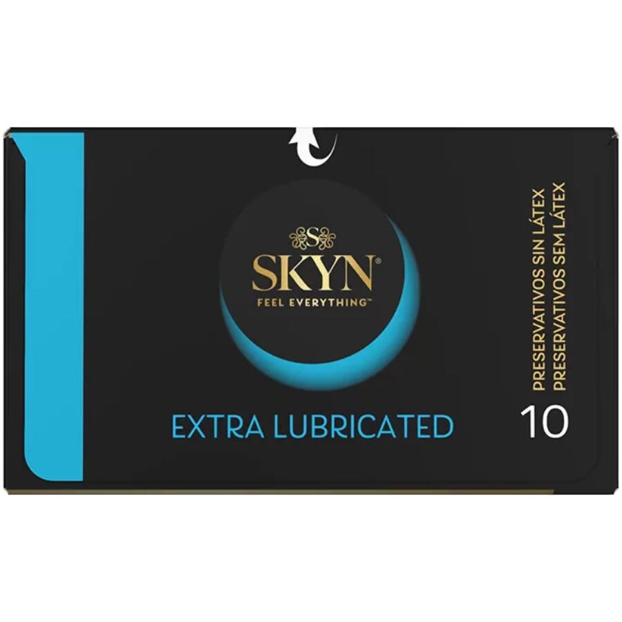 Etui SKYN Extra Lubricated a plat, preservatifs sans latex x10, bande bleue laterale et logo Feel Everything, version extra-lubrifiee longue duree