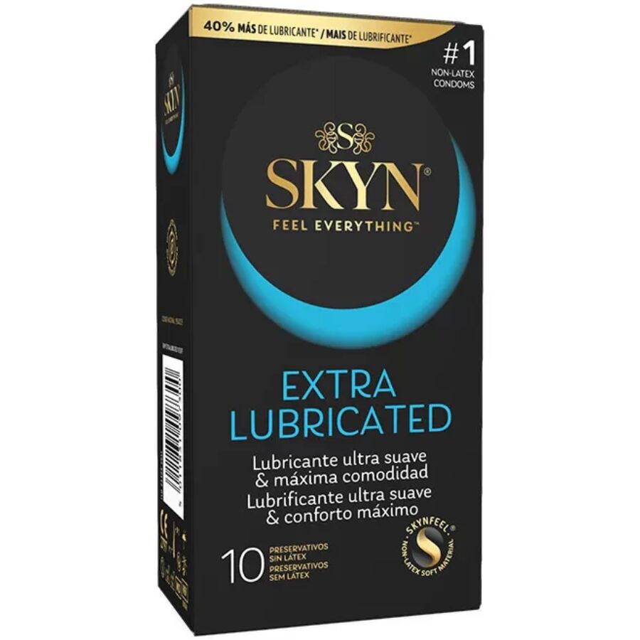 Boite SKYN Extra Lubricated de face, preservatifs sans latex extra-lubrifies x10, liseré bleu, 40% de lubrifiant en plus pour une glisse et un confort maximal