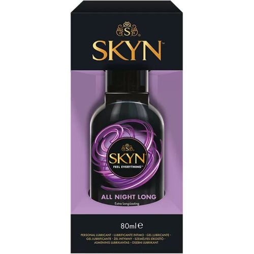 Flacon SKYN All Night Long de face, lubrifiant a base de silicone 80 ml au toucher velouté, sans parfum, longue tenue, etiquette violette et logo doré