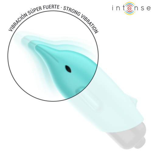 Gros plan sur le mini vibromasseur dauphin Intense en silicone bleu, ailettes et nez ciblant le clitoris, demonstration de la vibration super forte.