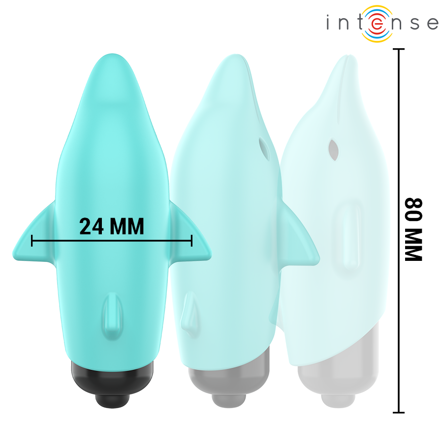 Trio de mini vibromasseurs bullet Intense au design dauphin en silicone turquoise, format compact 80 mm sur 24 mm, embout effilé pour stimulation clitoridienne ciblee