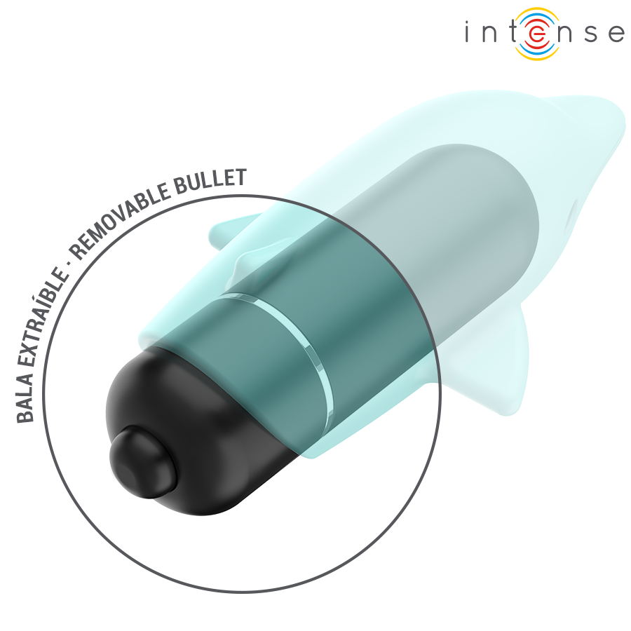 Gros plan sur la balle vibrante amovible chromee du mini vibromasseur dauphin Intense, capsule metallisee glissee dans la coque silicone turquoise translucide