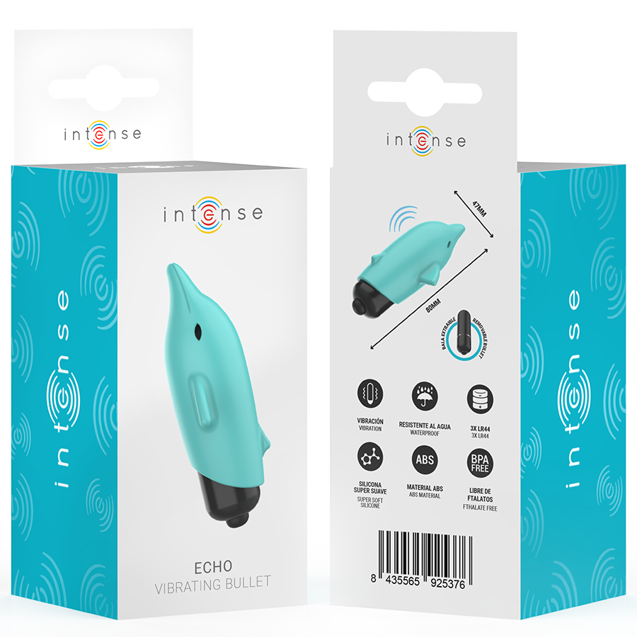 Emballage recto verso du bullet vibrant Echo Intense, boite turquoise detaillant pictogrammes et code-barres du mini vibromasseur dauphin en silicone