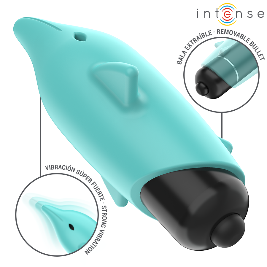 Mini vibromasseur dauphin Intense en silicone turquoise vu de profil, bala extractible amovible noire et zoom sur la vibration puissante de l'embout clitoridien