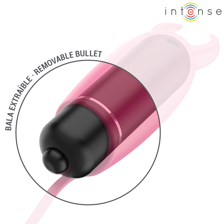 Gros plan sur la balle vibrante amovible chromee du mini vibromasseur diablotin Intense glissee dans sa coque silicone rose translucide