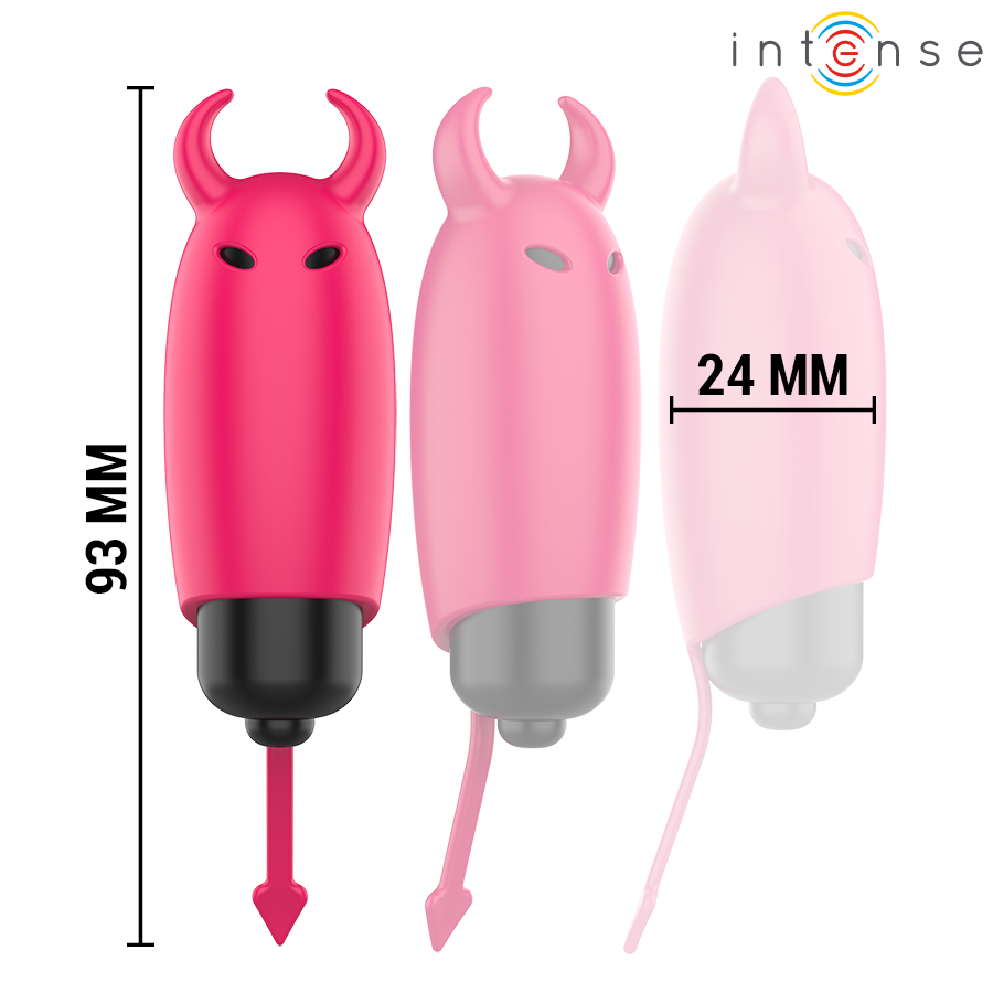 Trois mini vibromasseurs diablotin Intense en degrade rouge a rose, hauteur 93 mm largeur 24 mm, cornes et queue espiegles en silicone pour le clitoris