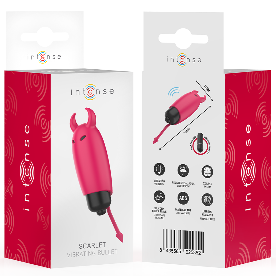 Boite rouge du bullet vibrant Scarlet Intense avec le mini vibromasseur diablotin illustre, pictogrammes et code-barres du modele en silicone