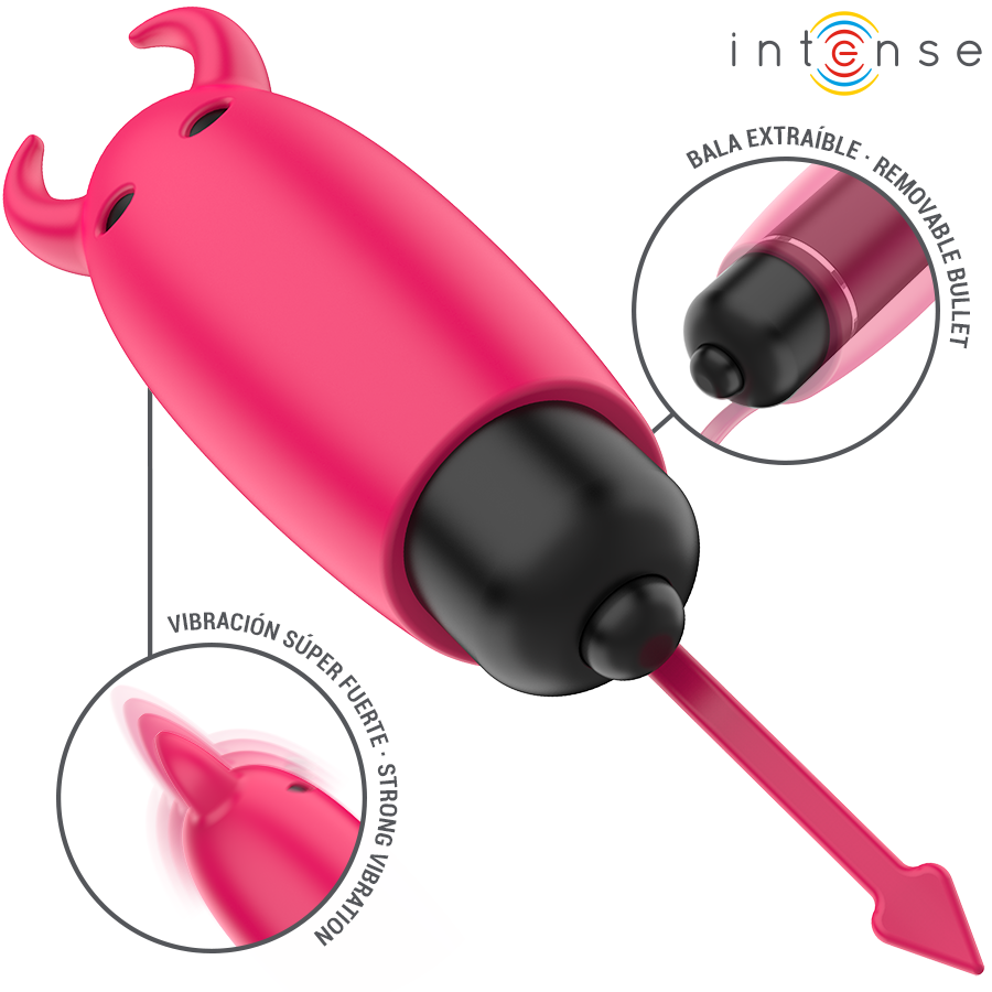 Mini vibromasseur diablotin rouge Intense de profil avec bala extractible amovible et zoom sur la vibration super forte de l'embout clitoridien en silicone