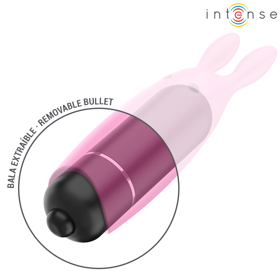 Gros plan sur la balle vibrante amovible chromee du mini vibromasseur lapin Intense, capsule metallisee dans la coque silicone rose translucide