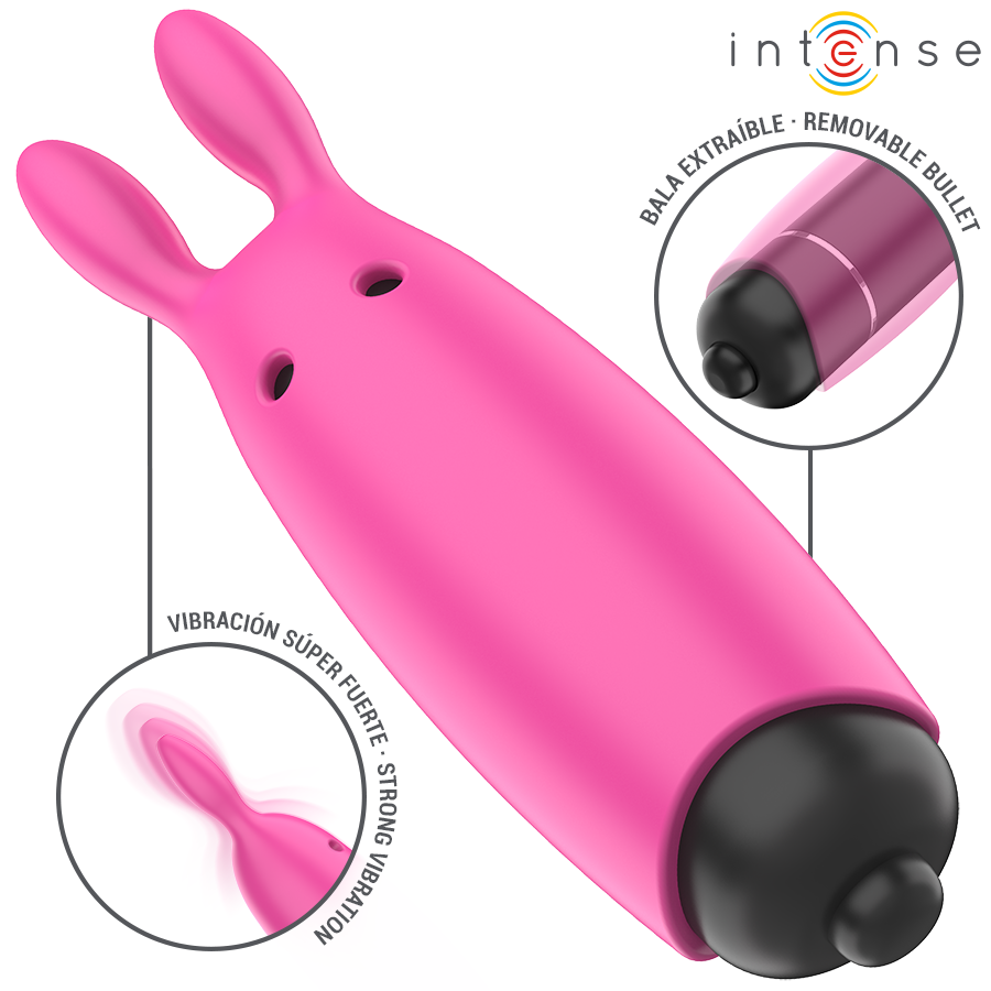 Mini vibromasseur lapin rose Intense avec bala extractible amovible, zoom sur la vibration de l'embout et picto silicone super doux, waterproof, ABS, sans BPA