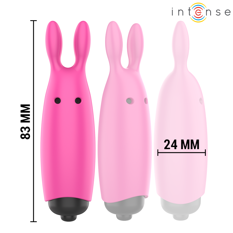 Trois mini vibromasseurs lapin Intense en degrade de rose, hauteur 83 mm et largeur 24 mm, oreilles souples en silicone pour caresser le clitoris