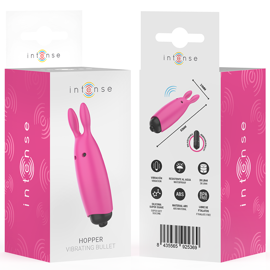 Emballage recto verso du bullet lapin Hopper Intense, boite rose detaillant pictogrammes et code-barres du mini vibromasseur en silicone