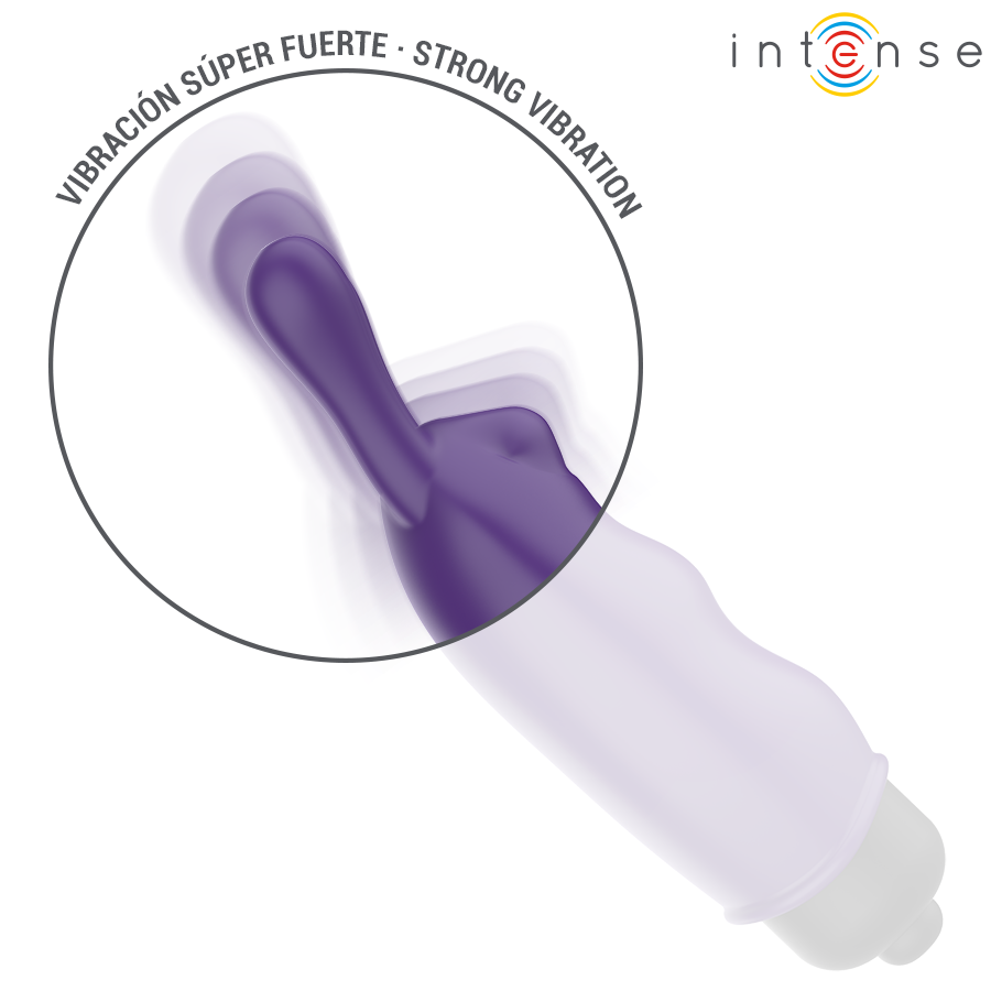 Zoom sur la vibration super forte du mini vibromasseur lapin violet Intense, oreilles en silicone doux pensees pour envelopper le clitoris translucide