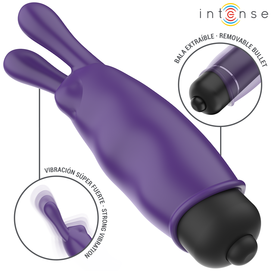 Mini vibromasseur lapin violet Intense de profil avec bala extractible amovible et zoom sur la vibration de l'embout oreilles en silicone doux